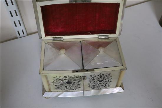 A Regency engraved and inlaid mother of pearl sarcophagus tea caddy, 6.5in.